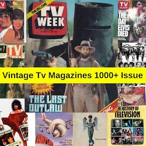 Puede incluir: Una colección de revistas de televisión vintage con varias portadas que presentan actores, títulos de programas y el texto "TV WEEK". Las revistas son de diferentes épocas e incluyen el texto "Vintage TV Magazines 1000+ Issue".