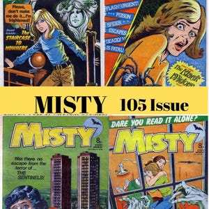 May include: Four vintage "Misty" comic book covers. The covers feature illustrations of women in distress, spiders, and ominous text. The top left cover reads "The Staircase to Nowhere." The bottom right cover reads "Fingers of Fear."