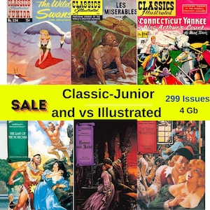 Puede incluir: Una colección de cómics vintage con títulos de literatura clásica como "Los Cisnes Salvajes", "Los Miserables", "Un Yankee en la Corte del Rey Arturo", "El Último Mohicano", "Romeo y Julieta" y "Los Tres Mosqueteros". Los cómics son de varios colores y presentan ilustraciones de las historias.