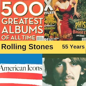 May include: A collage of magazine covers and portraits. The top left features "500 Greatest Albums of All Time." The top right shows a woman in a red dress with a monster. The bottom left displays "American Icons." The bottom right is a portrait of a man.