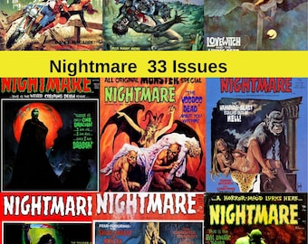 Könnte beinhalten: Eine Collage aus 33 Vintage-Horror-Comic-Covern mit Illustrationen von Monstern, Vampiren und anderen Kreaturen. Die Cover sind in verschiedenen Rot-, Orange-, Gelb-, Grün-, Blau- und Schwarztönen gehalten. Der Text auf den Covern enthält den Titel "Nightmare" und die Nummer des Heftes.