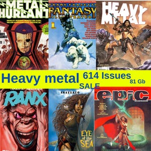 Op de afbeelding: Een collage van comicboekomslagen met verschillende personages en titels, waaronder "Metal Hurlant", "Frank Frazetta's Fantasy Illustrated", "Heavy Metal", "Epic Illustrated" en "Ranx". De tekst "Heavy Metal 614 Issues 81 Gb Sale" wordt weergegeven op een gele banner.