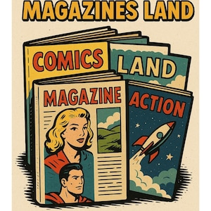 Op de afbeelding: Een vintage poster met de tekst "COMICS AND MAGAZINES LAND" in geel en zwart. De afbeelding toont stapels strips en tijdschriften met retro-illustraties en de woorden "COMICS", "MAGAZINE", "LAND" en "ACTION".