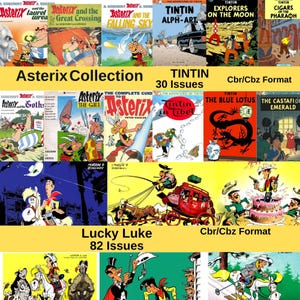 May include: A collage of comic book covers featuring Asterix, Tintin, and Lucky Luke. The covers are in a variety of colours and feature the characters in different adventures. The text on the covers includes the titles of the comics, the names of the creators, and the number of issues in each series.