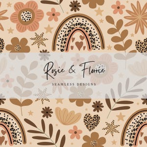 May include: A seamless pattern featuring a repeating design of flowers, rainbows, stars, and hearts in shades of brown, peach, and cream. The text "Rosie & Florie" and "Seamless Designs" is displayed in the center.