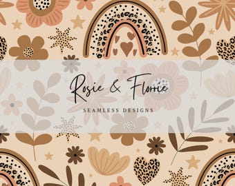 ボヘミアン風ヒョウ柄、レインボー柄、花柄パッチワークシームレスパターン - ブラウン