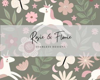 花柄ボヘミアンユニコーンシームレスパターン - 緑とピンク