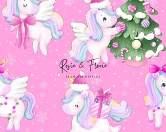 May include: Seamless pattern featuring whimsical unicorns with pastel manes and wings, wearing Santa hats and decorating a Christmas tree. The design includes snowflakes and the text "Rosie & Florrie" on a pink background.