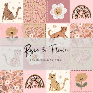 May include: A seamless design featuring a patchwork of squares with illustrations of leopards, flowers, rainbows, and heart shapes. The color palette includes shades of pink, beige, and brown. The text "Rosie & Florrie Seamless Designs" is also present.