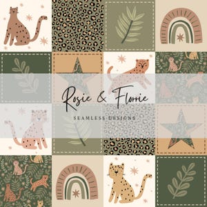 以下が含まれることがあります： ベージュ、グリーン、ブラウンの落ち着いた色合いで、ヒョウ、虹、星、葉のイラストが描かれたパッチワークデザイン。画像の中央には「Rosie & Florrie SEAMLESS DESIGNS」という文字が表示されています。