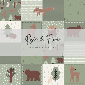 Op de afbeelding: Een patchworkontwerp met illustraties van bosdieren zoals vossen, beren, herten en konijnen. Het kleurenpalet omvat tinten groen, bruin en crème. De tekst "Rosie & Florrie Seamless Designs" staat in het midden.