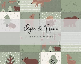 ボヘミアン風森の動物たち パッチワーク シームレスパターン - グリーン