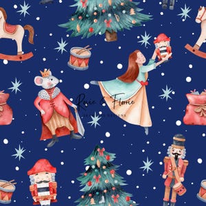 May include: A seamless pattern featuring watercolor illustrations of Christmas-themed elements on a dark blue background. The design includes a Christmas tree, a ballerina, a nutcracker, a mouse king, a rocking horse, drums, and snowflakes. The text "Rosie & Florie" is also present.