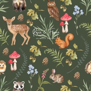 May include: A seamless pattern featuring woodland creatures and plants on a dark green background. The pattern includes a deer, squirrel, owl, raccoon, hedgehog, rabbit, mushrooms, acorns, pine cones, and ferns. The text "Rosie & Florrie Seamless Designs" is included in the pattern.