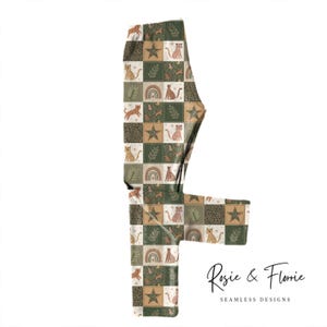 以下が含まれることがあります： さまざまなパターンが特徴のパッチワークデザインのレギンス。パターンには、緑、タン、白の色合いの星、虹、チーター、葉が含まれています。レギンスは柔らかく快適な素材で作られています。