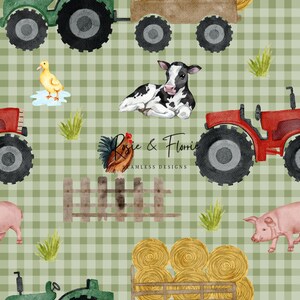 May include: A green and red tractor with a bale of hay in the background. There is a brown fence, a yellow duck, a black and white calf, a red rooster, a brown pig, and a pile of hay bales. The background is a green and white gingham pattern.