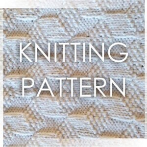 May include: Knitting pattern for a white textured fabric with a diamond pattern. The text "KNITTING PATTERN" is written in white on the fabric.