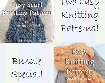 Knitting Pattern Scarf Bundle - Two Easy Scarf Patterns - You Can Sell What You Make - 2 Files 2 Styles - Digital Download - JPEG files