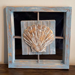 Hand-Painted Wooden Seashell Wall Decor with Mirror – Beachy Nautical Accent