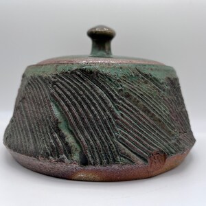 Handmade Green Faceted Ceramic Cookie Jar Soda Fired