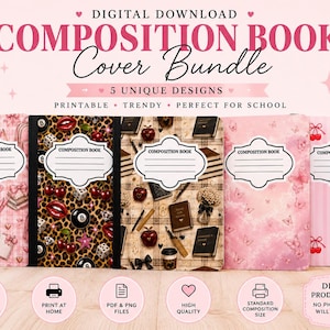 May include: A digital download bundle of five composition book covers featuring various patterns including pink bows, leopard print with cherries, academic stationery, pink clouds with butterflies, and a striped background with red cherries.
