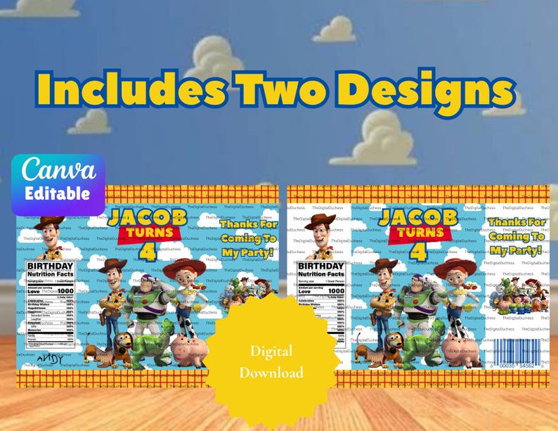 Puede incluir: Dos envoltorios rectangulares para bolsas de fiesta con un fondo de cielo azul y nubes blancas. Los dise&ntilde;os incluyen el texto Jacob Turns 4, Thanks For Coming To My Party y una etiqueta de informaci&oacute;n nutricional. Personajes: Woody, Buzz Lightyear, Jessie, Rex, Slinky Dog y Hamm.