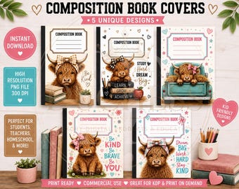 Highland Cow Composition Book Covers Bundle | 5 Kid-Friendly Designs (Digital Download)