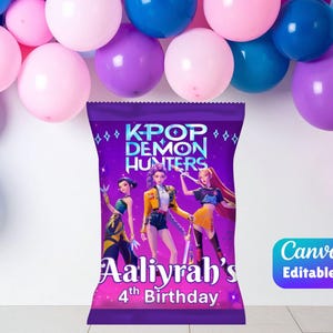 May include: A purple snack bag with the text "KPOP DEMON HUNTERS" and illustrations of three animated figures. The bag is personalized with the name "Aaliyah's" and "4th Birthday". The background features pink, blue, and purple balloons.
