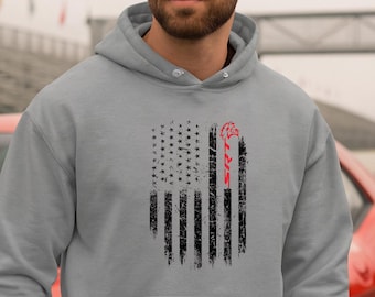 Distressed American Flag Hoodie, SRT pullover Oversized Cozy Unisex Sweatshirt for American Muscle Fans
