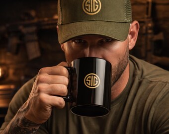 Gold SIG Sauer Logo Mug Tactical Coffee Cup for Gun Owners, Military & Range Lovers