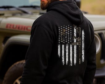 Oversized Hoodie Distressed American Flag with AR-15 Navy SEAL Frogman