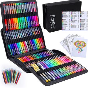 May include: A large black zippered case containing a wide variety of colorful gel pens arranged in elastic loops. The set includes a color chart with the brand name AenArt, several coloring pages featuring an elephant, and a small pile of loose pens.