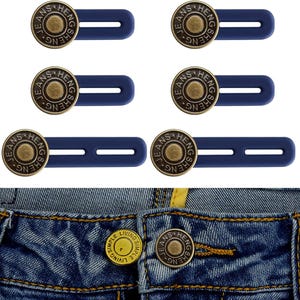 May include: A collection of six navy blue jean button extenders with brass-colored buttons. The buttons are embossed with the text "JEANS HENG SHENG". The extenders are shown with a pair of blue jeans.