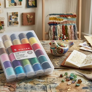 May include: A clear plastic storage case containing 30 spools of Singer all-purpose sewing thread in various colors. The set is arranged in rows, featuring a red and white label with the Singer logo and text. The case sits on a wooden surface.