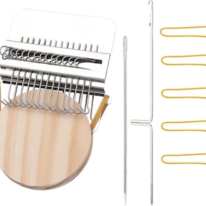 May include: A weaving loom kit with a wooden base and metal components. The kit includes a needle, a hook tool, and several rubber bands. The loom has a rectangular metal frame with hooks and a wooden circular base.