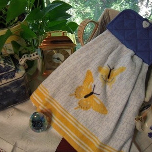 Hanging towel, kitchen, butterflies, blue, potholder top, yellow,durable towel by kraftypalette on Etsy