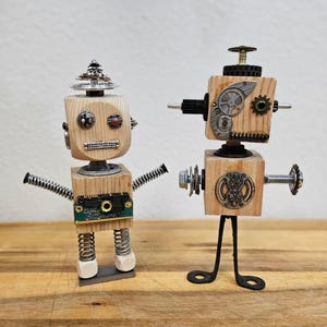 Handmade Wood Block Steampunk Robot Figurine - Large