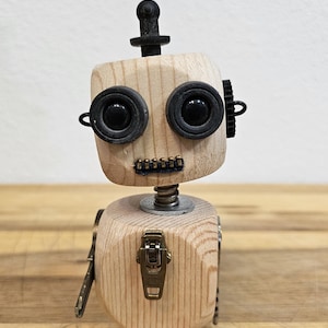 Handmade Wood Block Steampunk Robot Figurine - Medium