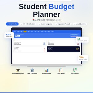 Op de afbeelding: Een digitale Student Budget Planner voor het academisch jaar 2025-2026, weergegeven op een tablet. De interface toont financiële tracking met een overschot van €284 en 74% budget gebruikt. Inclusief een DUO-schuldcalculator en studentencategorieën.