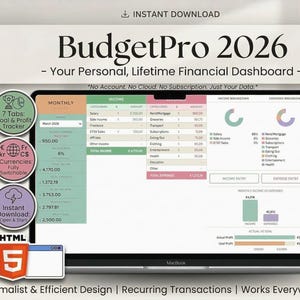Può includere: Uno schermo di laptop che mostra il dashboard finanziario "BudgetPro 2026". Il dashboard presenta il monitoraggio delle entrate e delle spese, con grafici. L'immagine evidenzia anche funzionalità come il monitoraggio degli obiettivi e il download immediato.