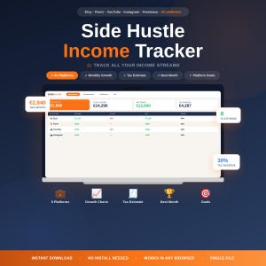 Op de afbeelding: Een digitale productmockup getiteld "Side Hustle Income Tracker" op een laptopscherm. Het ontwerp heeft een donkerblauwe achtergrond met witte tekst en afbeeldingen. De tracker toont inkomstenstromen, maandelijkse groei, belastingramingen en platformdoelen.