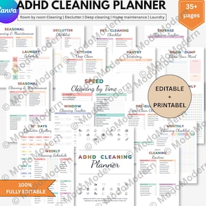 Op de afbeelding: ADHD schoonmaakplanner met meerdere pagina's, inclusief checklists en schema's. De planner bevat secties voor opruimen, dieptereiniging en huisonderhoud. De tekst "ADHD Cleaning Planner" is prominent aanwezig.