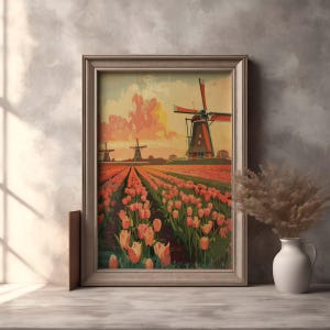 Affiche de voyage des Pays-Bas des années 1950 | Moulins à vent et tulipes rétro | Téléchargement numérique