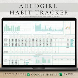 Op de afbeelding: Een laptop toont een ADHDGIRL-gewoontetracker in lichtblauwgroen en wit. Het scherm toont grafieken en een checklist. De tekst luidt "Build your dream routine, one habit at a time." De onderkant van het scherm zegt "EASY TO USE | GOOGLE SHEETS | EXCEL."