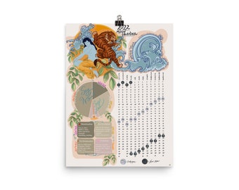 LUNAR LEADERSHIP 2022 Year of the Water Tiger Menstrual and Productivity Tracker Calendar Giclée Art Print with leaves (GROWTH)