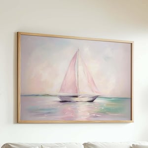 Sailboat Coastal Wall Art Print, Pastel Ocean Wall Art, Beachy Room Decor, Nautical Wall Decor, Pastel Summer Poster, Digital Download Art
