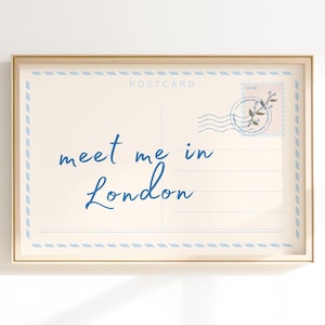 Impression carte postale Meet Me In London, art mural tendance, décoration de dortoir, affiche de voyage bleu clair, esthétique appartement preppy College, numérique