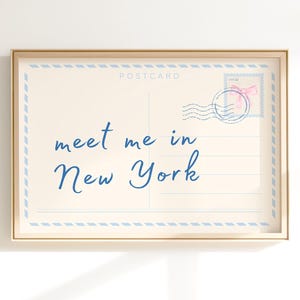 Impression carte postale Meet Me In New York, art mural voyage bleu clair tendance, décoration de dortoir, affiche esthétique d'appartement preppy college, numérique