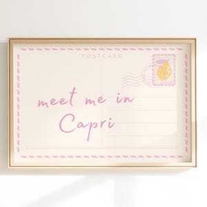 Impression carte postale Meet Me In Capri, art mural tendance Italie rose, décoration de dortoir, affiche de voyage, esthétique appartement preppy college, numérique