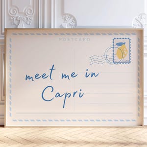 Impression carte postale Meet Me In Capri, art mural Italie tendance, affiche de voyage d'été dans le dortoir, esthétique appartement preppy College, téléchargement numérique